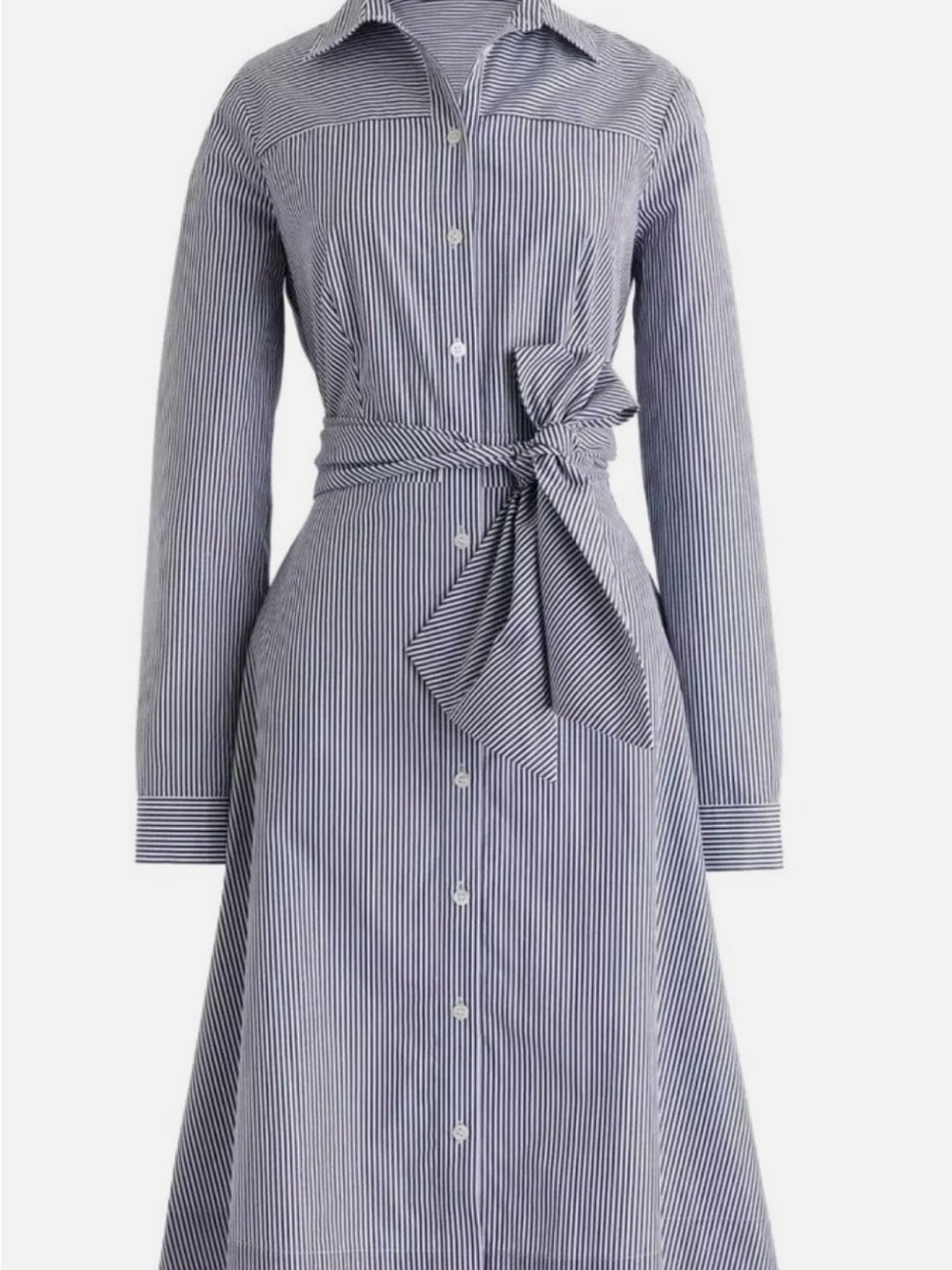 J. Crew Blue and White Pinstripe Long-Sleeve Shirt Dress with Waist Tie